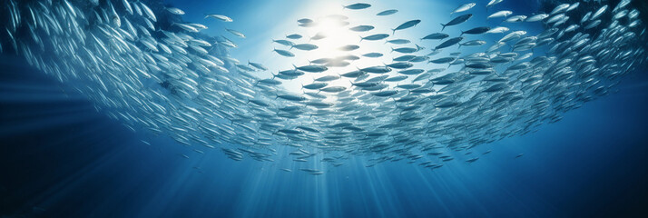 a school of silver sardines swimming in a circular formation, dim, ethereal lighting, water particles visible