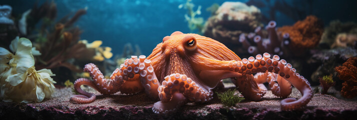 octopus den in an aquarium setting, octopus interacting with multiple toys. Close - up - obrazy, fototapety, plakaty