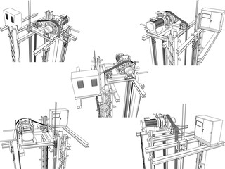 Vector sketch illustration of the system design of how a vintage old model elevator works