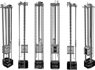 Vector sketch illustration of the system design of how a vintage old model elevator works © nur