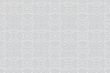 Embossed white background, cover design. Geometric ethnic 3D pattern, press paper, leather. Handmade elegant work, anti-stress. Boho, tribal minimalist designs of East, Asia, India, Mexico, Aztec, Per