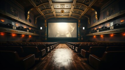 Classic cinema auditorium with empty white screen