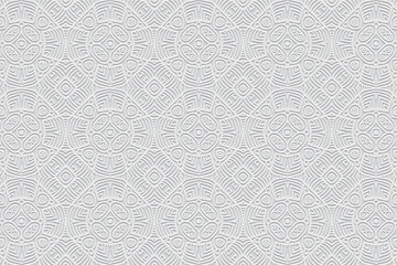 Embossed white background, cover design. Geometric ethnic 3D pattern, press paper, leather. Handmade, stylish work, anti-stress. Boho, tribal minimalist designs of East, Asia, India, Mexico, Aztec, Pe
