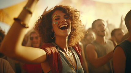 Woman dancing and smiling, enjoying herself at summer outdoor music dance festival