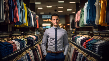 Male wearing a suit inside clothing store, concept of shopping for formal business clothes inside of a mall