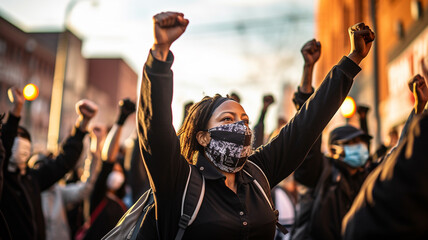 Group of protesters in the city streets protesting and standing up for social issue and social justice