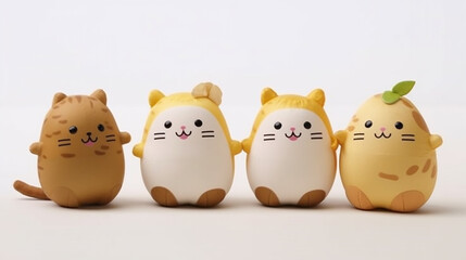 Cute toy round cats resembling potatoes, standing in a row. 
Potato cat