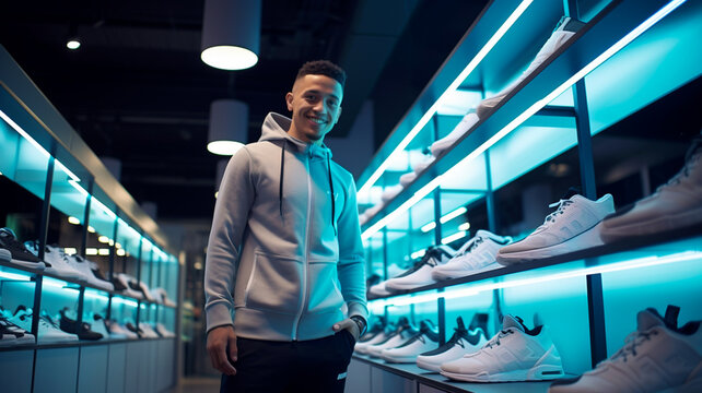 Candid shot of handsome male inside futuristic style sneaker shoe store shopping in mall
