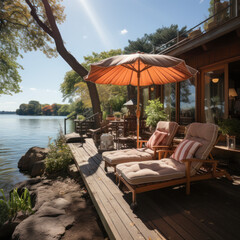  A cozy spot with wooden sunbeds red parasols plaid
