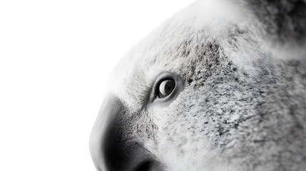 koala head macro close-up, isolated on white background, copy space