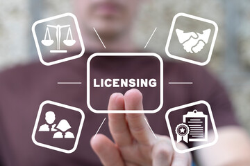 Man using virtual touch interface presses word: LICENSING. License agreement business technology...