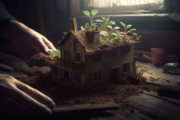 Miniature old wooden house with leaves growing out of it, rustic abandoned cabin