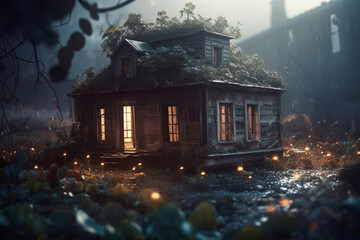 Miniature old wooden house with leaves growing out of it, rustic abandoned cabin