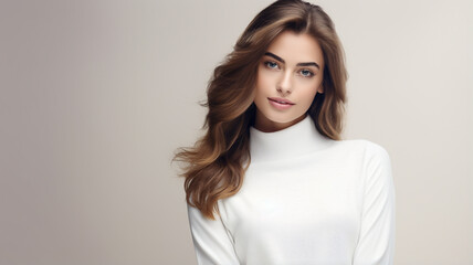 Fototapeta premium Attractive woman wearing white blank t-shirt or sweater on simple background, for mockup design or promotion