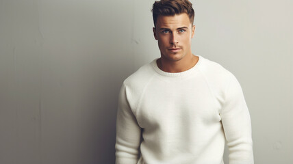 Fototapeta premium Attractive male wearing white blank t shirt or sweater, for mock up or product marketing and promotion