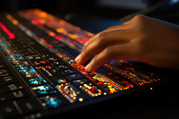 Fototapeta premium A close-up of a person's hand creating digital resources for learning indigenous languages online. Generative Ai.