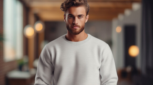 Attractive male wearing white blank t shirt or sweater, for mock up or product marketing and promotion