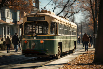 Obraz premium Passengers boarding a vintage trolleybus, showcasing the evolution of electric public transportation. Generative Ai.