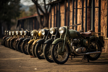 A lineup of antique motorcycles, demonstrating the development of motorized two-wheeled vehicles. Generative Ai.
