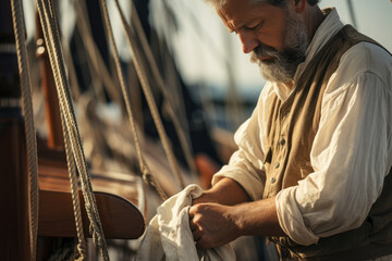 A close-up of a person's hand adjusting the sails on a classic sailing yacht, highlighting maritime advancements. Generative Ai.