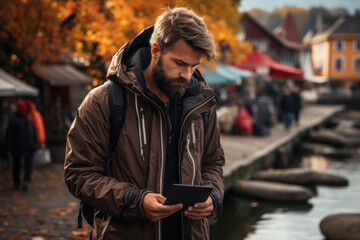 A traveler walks along a riverfront, combining sightseeing with digital work tasks on a tablet. Capturing the essence of productive leisure travel. Generative Ai.