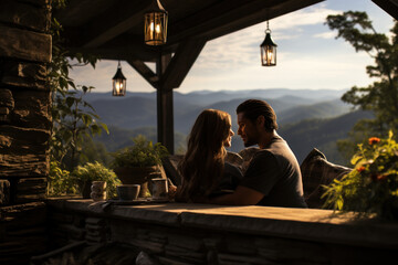 A couple relaxes in a private hot tub on a cabin's deck, embracing the warmth and tranquility of their secluded mountain retreat. Generative Ai.