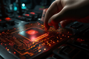 Obraz premium A close-up of a person's hand pressing a button on a hardware wallet to confirm a secure cryptocurrency transaction. Generative Ai.