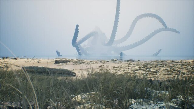 As the sun sets, a colossal Kraken, an abyssal behemoth, unfurls its monstrous tentacles from the depths, looming over the coastline in a terrifying spectacle that chills the bravest souls to the bone