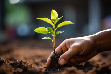 A close-up of a person's hand planting a young sapling in the soil, symbolizing their contribution to reforestation efforts. Generative Ai.