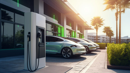 EV charging station for electric car in concept of green energy produced from sustainable source to supply to charger station in order to reduce CO2 emission. generativa IA - obrazy, fototapety, plakaty