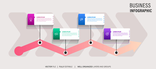 chart timeline infographic template or element with 4 project, process, step, option, colorful bar, arrow, minimal, modern style for sale slide, planner, workflow, roadmap, web

