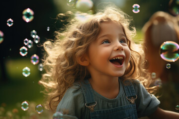 Child's pure delight as they blow bubbles in a park, creating a whimsical scene. Generative Ai.