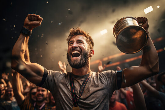 Athlete's triumphant expression while lifting a championship trophy. Generative Ai.