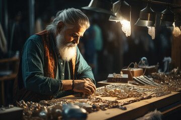 Person crafting handmade jewelry as part of the artisanal fashion movement. Generative Ai.