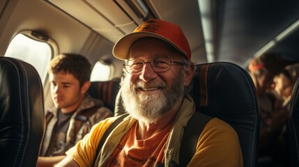 A senior seated on a plane ready for take off. Generative AI. 