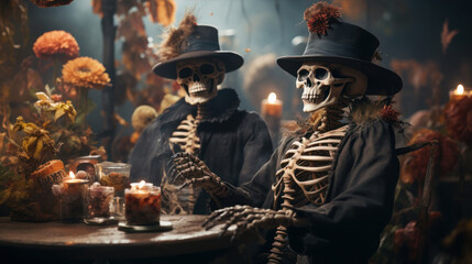 skeleton, halloween, santa muerte, skull, cemetery, witch, witch woman, terror, graves - obrazy, fototapety, plakaty
