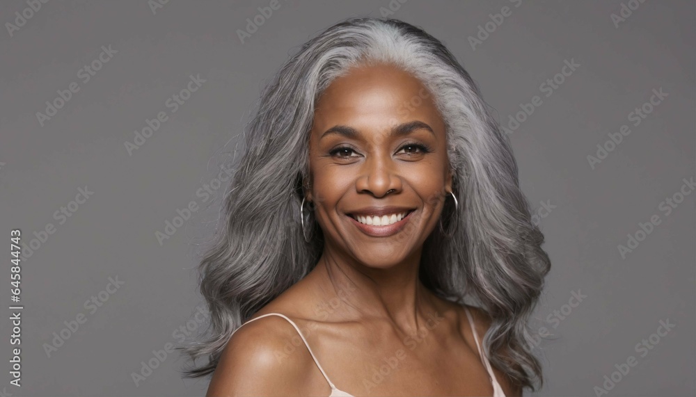 Sticker Gorgeous mature woman with long gray hair and smooth healthy skin smiling happily in beauty and cosmetics skincare advertising concept