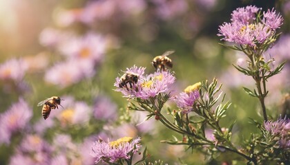 Spring and summer natural flower background with beautiful bokeh and bees working on a bright sunny day