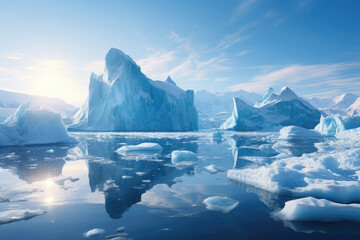 Fototapeta na wymiar Icebergs calving off a glacier, underscoring ice loss in polar regions. Generative Ai.