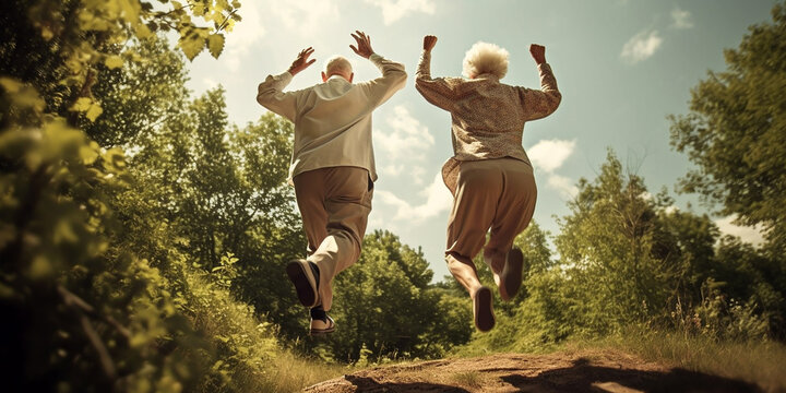 Happy elderly couple jumping high in autumn rural park, view from the back. Generative AI
