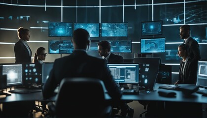 Security team in futuristic cybersecurity workspace with advanced encryption and biometric access