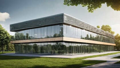 Fototapeta na wymiar Eco-Friendly Glass Office: Sustainable Building with Trees and Green Environment