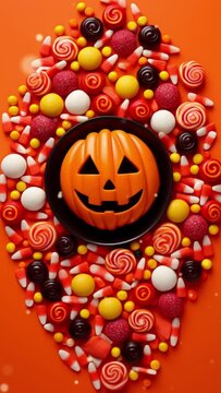 Vertical video. Halloween concept. Colorful sweets for Halloween party.