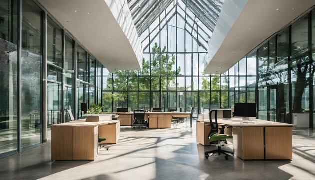 Green environment and trees in sustainable building: Eco-friendly glass office design