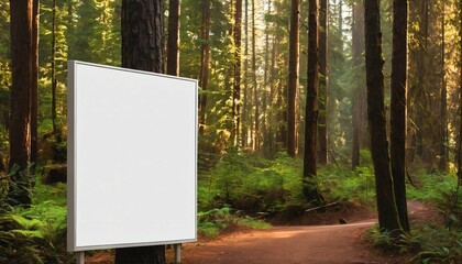 Advertising mockup in Pacific Northwest forest, empty white billboard display sign