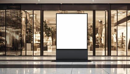 Shopping centre gallery with digital media blank black and white screen modern panel, signboard for...