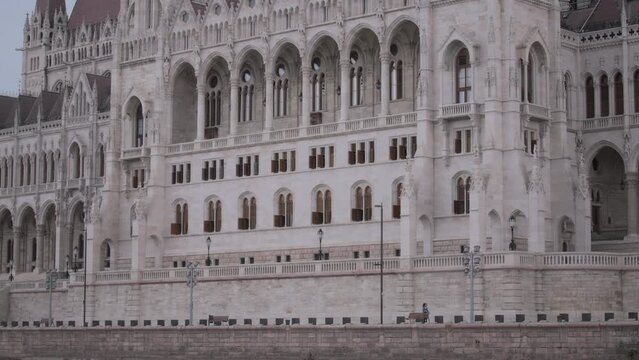 Close up of Hungarian Parliament building in Budapest. Slow motion. 