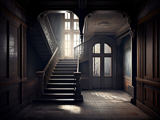 The interior of an abandoned old rich spacious mansion in twilight lighting and bright light penetrating its windows. Generative AI