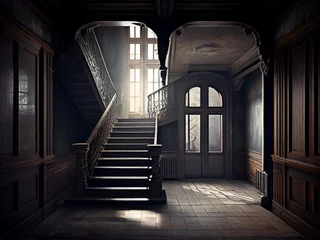 Foto op Plexiglas The interior of an abandoned old rich spacious mansion in twilight lighting and bright light penetrating its windows. Generative AI © Tatiana