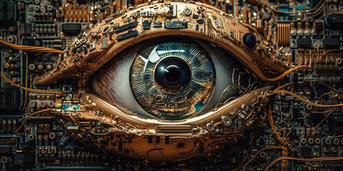 Computer vision. Electronic eye on a printed circuit board. Generative AI